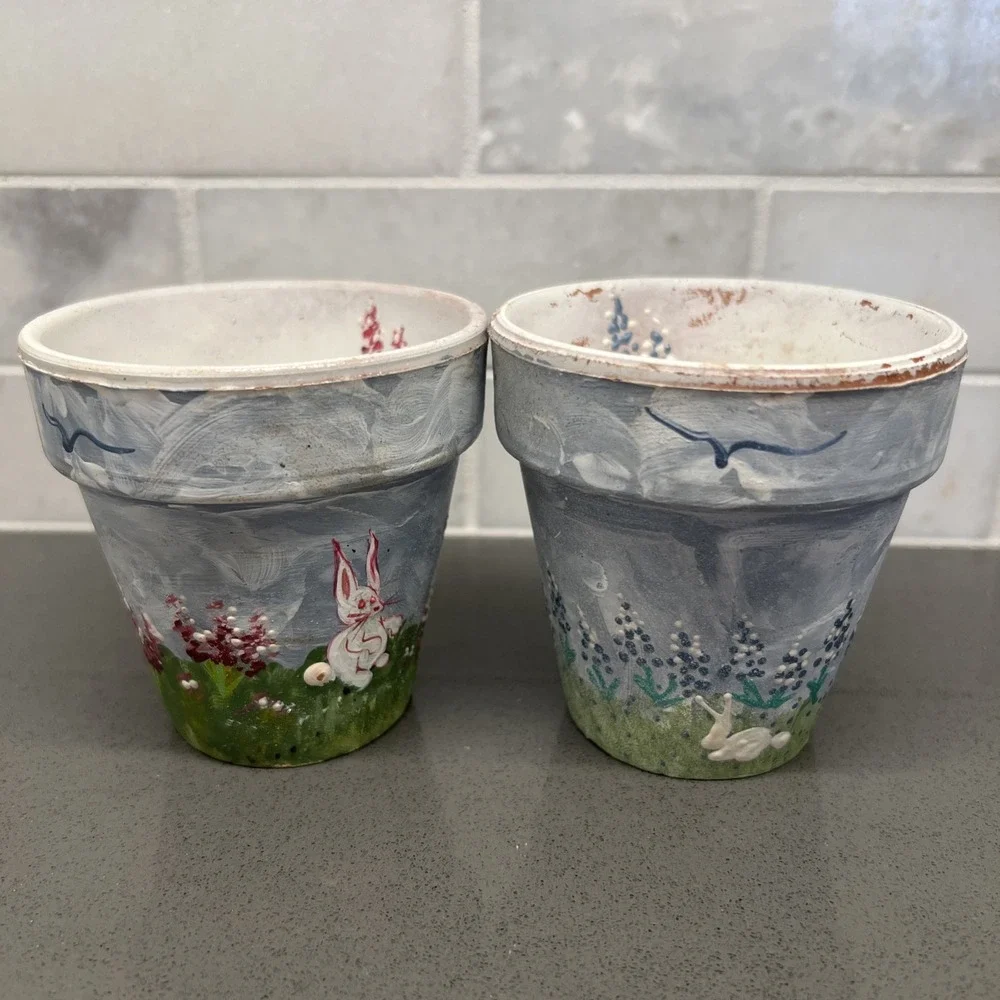 Set of 2 Small Hand Painted Plant Flower Pots With Bunnies